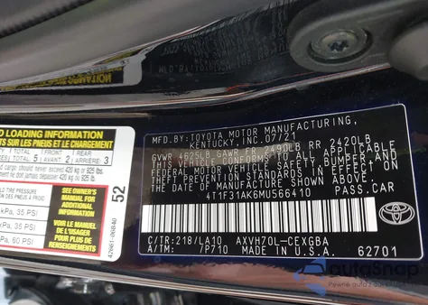 2021 Toyota Camry Xle z USA, uszkodzony, nr VIN 4T1F31AK6MU566410